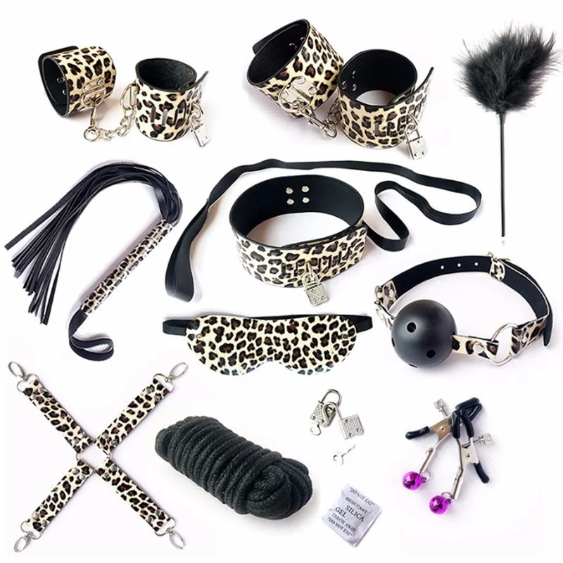 

10 шт./партия Leopard эротические секс-товары для взрослых БДСМ секс бандаж набор секс наручники зажимы для сосков кляп плетка веревка секс-игрушки