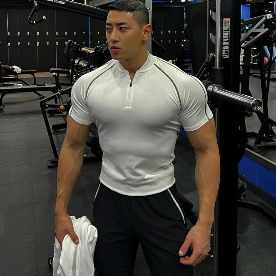 

Футболка мужская Спортивная облегающая, хлопок, короткий рукав, молния, воротник, Спортивная, повседневная, летняя
