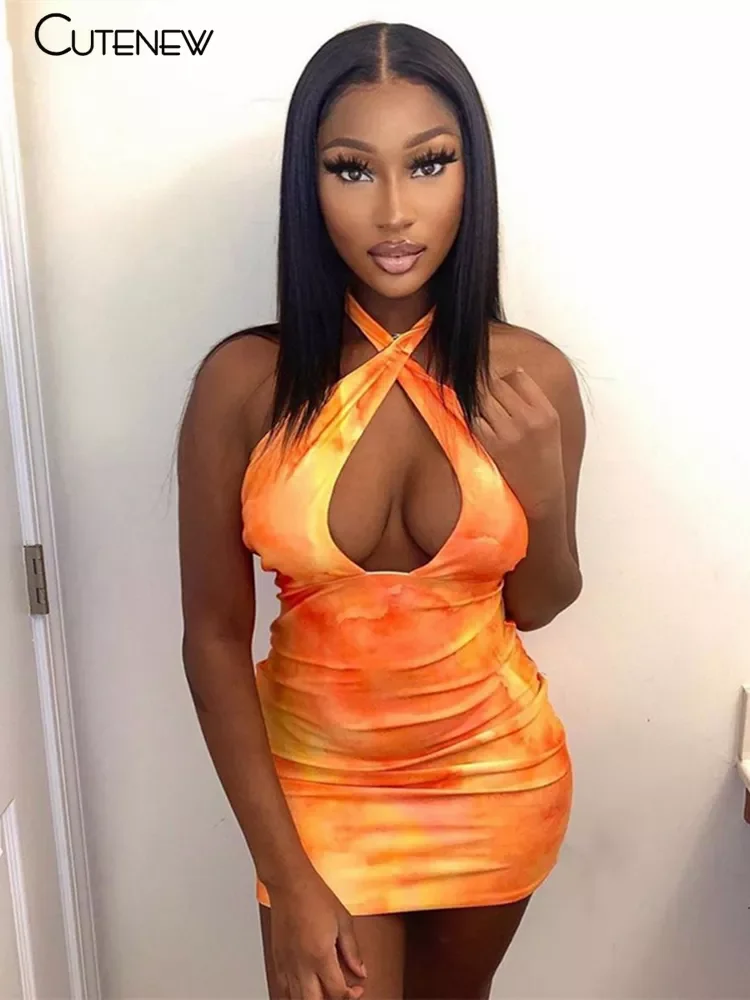 

Cutenew Casual Sleeveless Halter Mini Dress For Women Summer Fashion Club Street Slim Print Orange Party Vacation Female Dresses