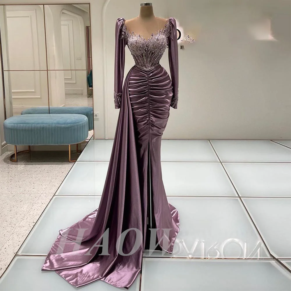

HAOWEN Exquisite Pearls Crystal Beading Satin Mermaid Prom Dresses Long Sleeves Evening Dress Dubai Women Long Formal Gown