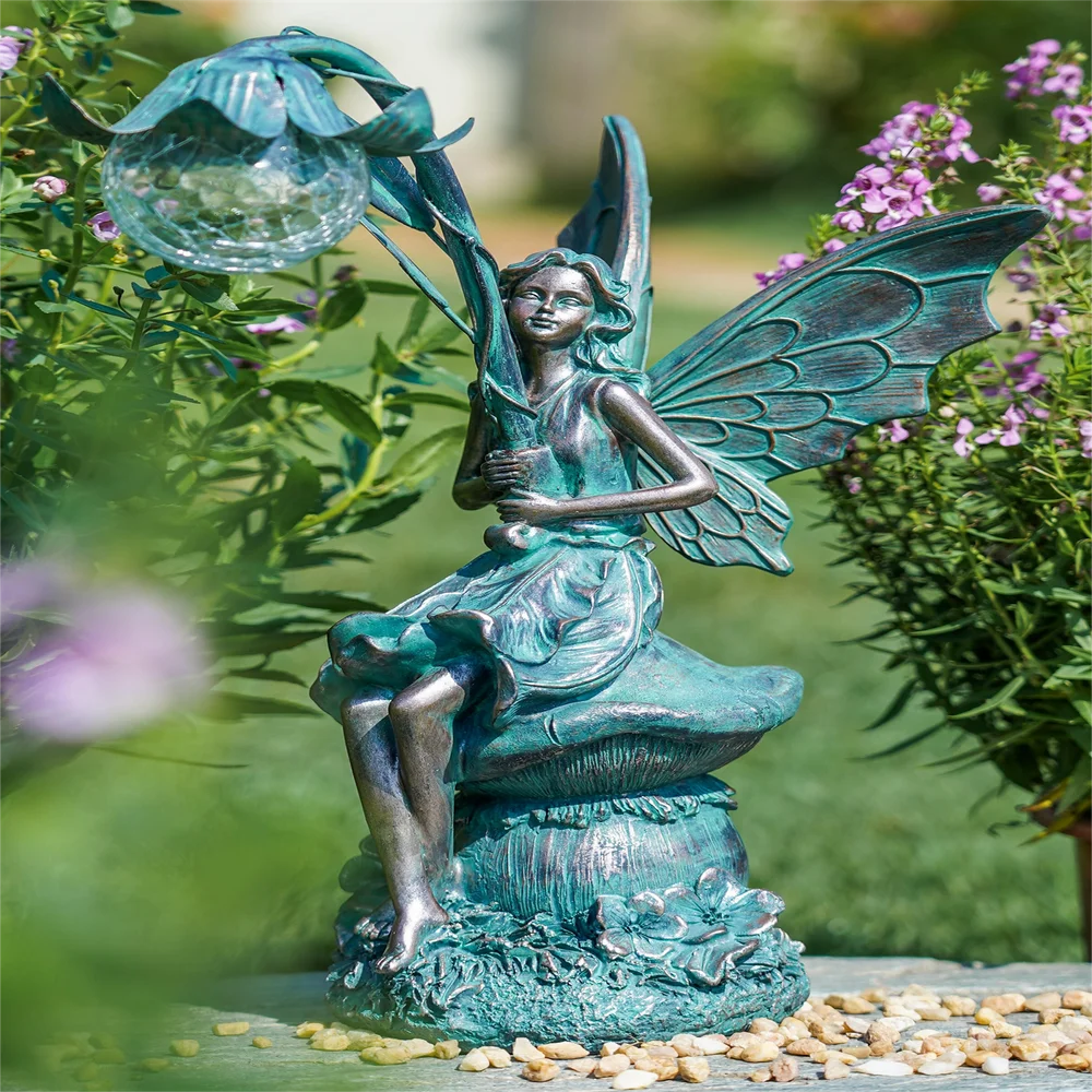 

13.8``H Large Fairy Garden Statues for Garden Decor, Solar Garden Sculpture Fairy Figurines Outdoors, Resin Lawn Ornaments for Y
