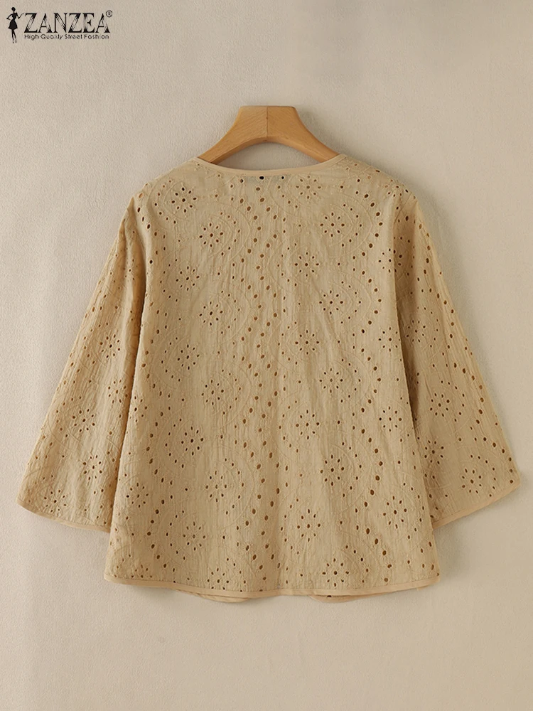 ZANZEA женский кардиган топы с круглым вырезом 2024 модные рубашки рукавами 3/4 ажурные