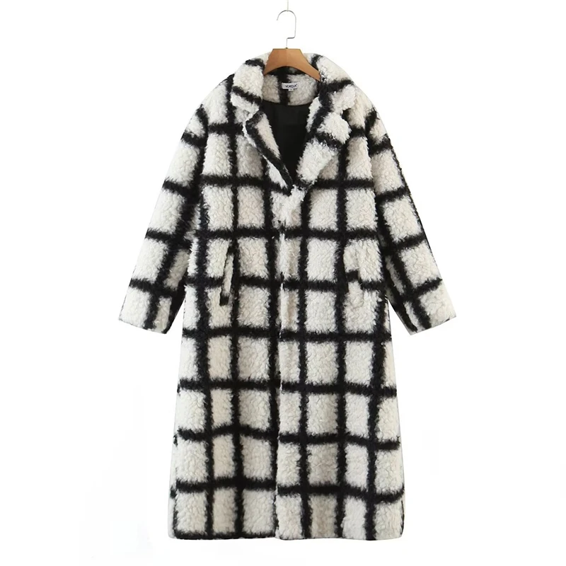 KEYANKETIAN Ladies black and white plaid lamb wool coat winter new single-breasted thickened cocoon slim Mujer long coat