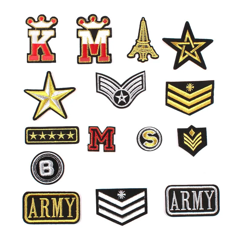 

100pcs/Lot Gold Luxury Embroidery Patch Army Letter Tower Pentagram Badge Shirt Bag Clothing Decoration Accessory Craft Applique
