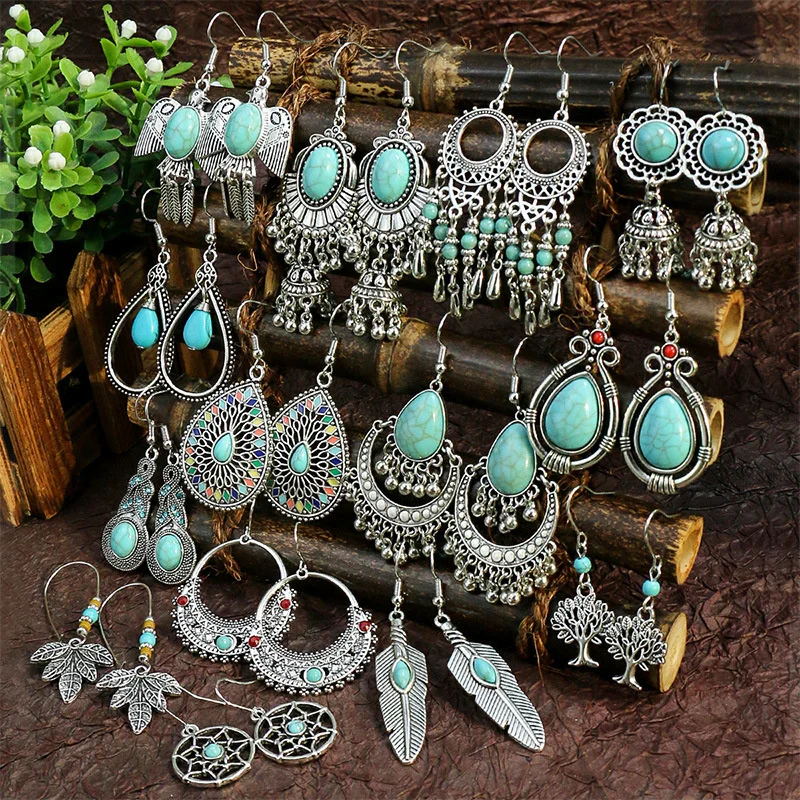 

Vintage national style Tibetan Silver Natural Turquoises drop Earring Blue Stone Water Droplets Dangle Earrings for Women Boho