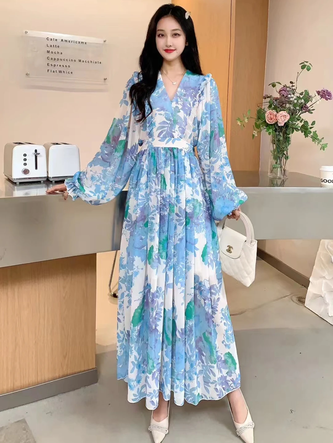 Женское шифоновое платье с V-образным вырезом длинным рукавом-фонариком