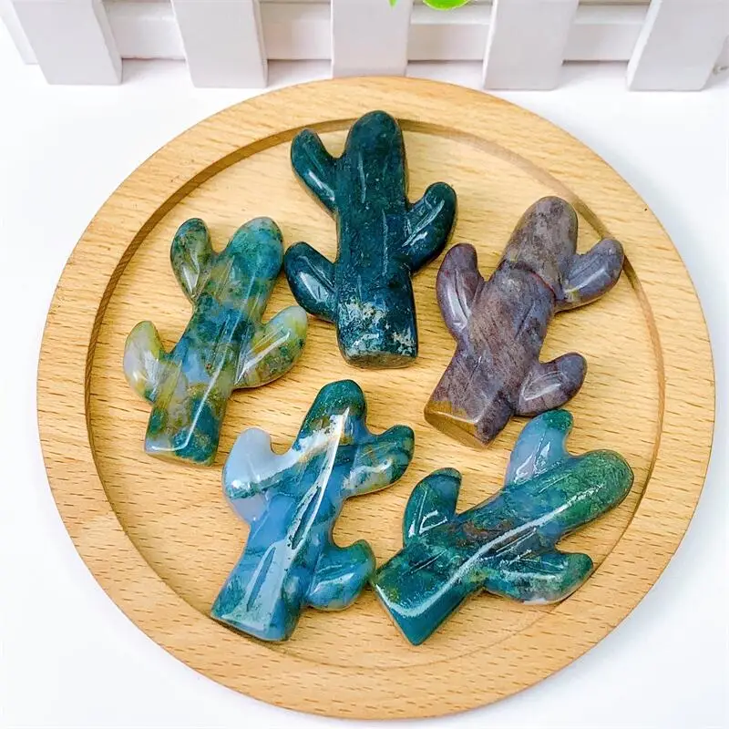 

2PCS Natural Moss Agate Cactus Crystal Plant Carving Healing Fish Tank Landscaping Decor Home Decorations Gift