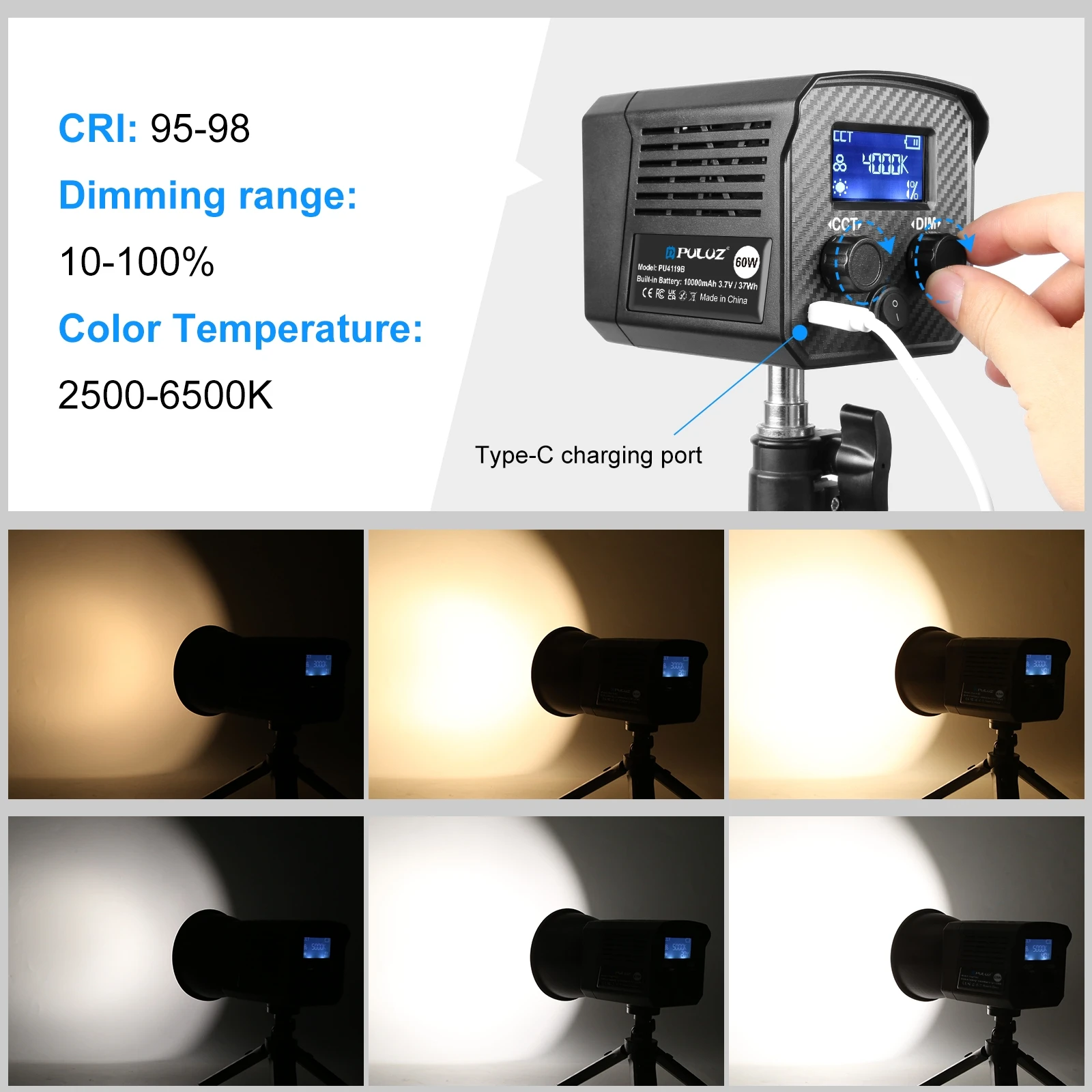 Светодиодная лампа PULUZ 60W COB 2500K-6500K два цвета профессиональная студийная для