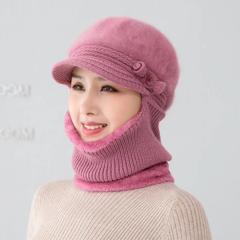 

Middle-aged and elderly mother rabbit fur scarf one-piece hat female winter cycling plus fleece old man hat scarf warm