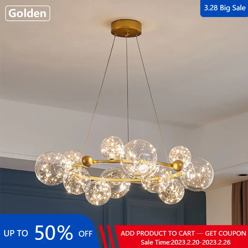 

Nordic Ring Pendant Lamp Romantic Star Chandelier Round Long Glass Ball Hanging Light Dining Table Above Starry Sky LED Lights