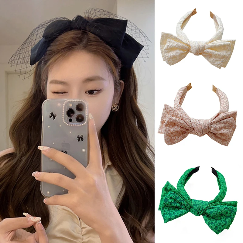 

2023 Elegant Solid Lace Bow Bezel Headwear Women Korean Headband Girls Vintage Hairband Hoop for Wedding Party Hair Accessories