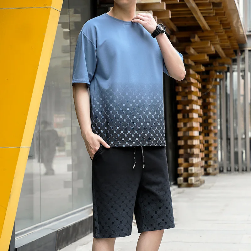 2023 Summer New Printing Gradient Color Set Men's Short Sleeve T-shirt+Casual Shorts Sports Two Piece Set Handsome Men Clothing
