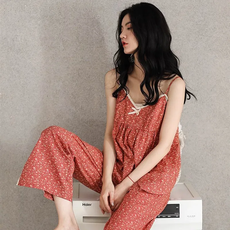 Yasuk Spring Summer Fashion Women's Casual Kawaii Lovely Sexy Simple Sleepwear Halter Top Vest Pajamas Women With Pants Broken