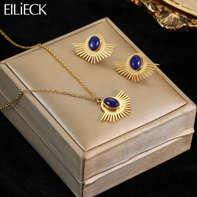 

EILIECK 316L Stainless Steel Dark Blue Stone Fan Pendant Necklace Earrings For Women Trendy Vintage Jewelry Set Girls Party Gift