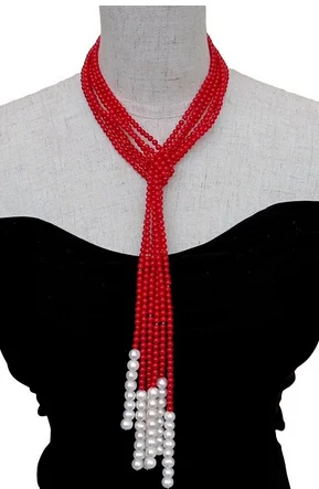

3 Rows 4mm Red Coral Cultured White Pearl Lariat Long sweater chain Necklace 50"