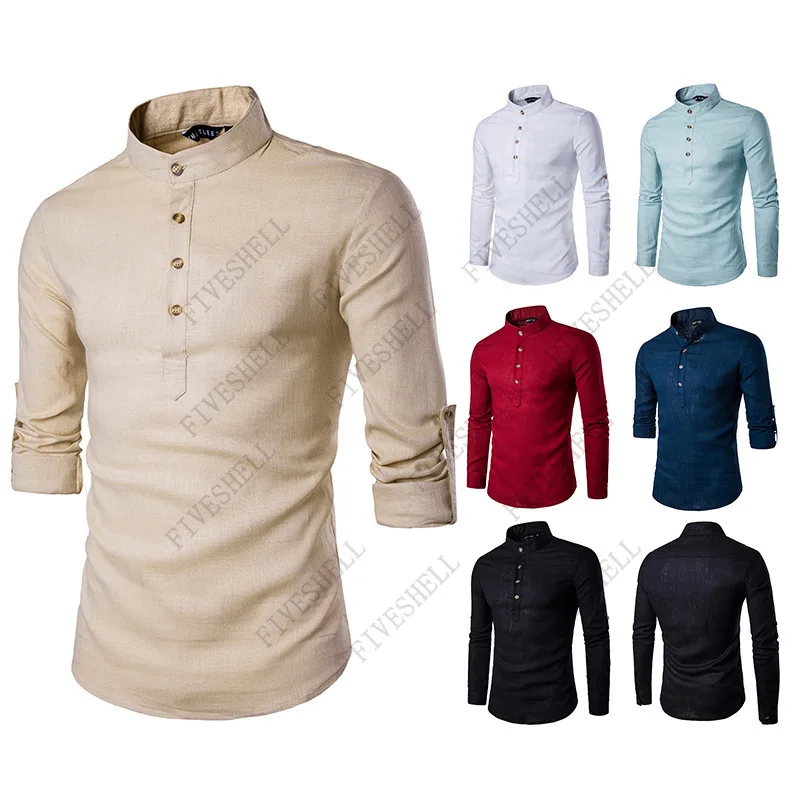 2023 Men Shirt Long Sleeve Mandarin Collar Shirts Solid Color Cotton Linen Shirt Men Traditional Chinese Style Shirt Male Camisa
