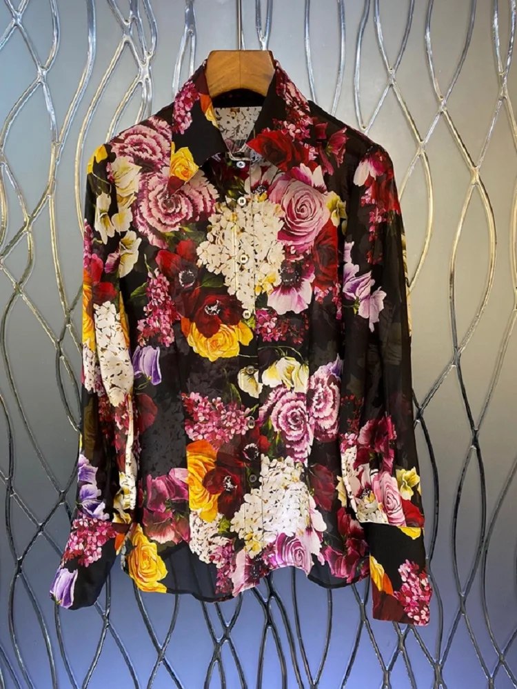 100%Silk Shirts 2022 Autumn Style Women Turn-down Collar Charming Floral Prints Long Sleeve Casual Vintage Button Shirts Blusa