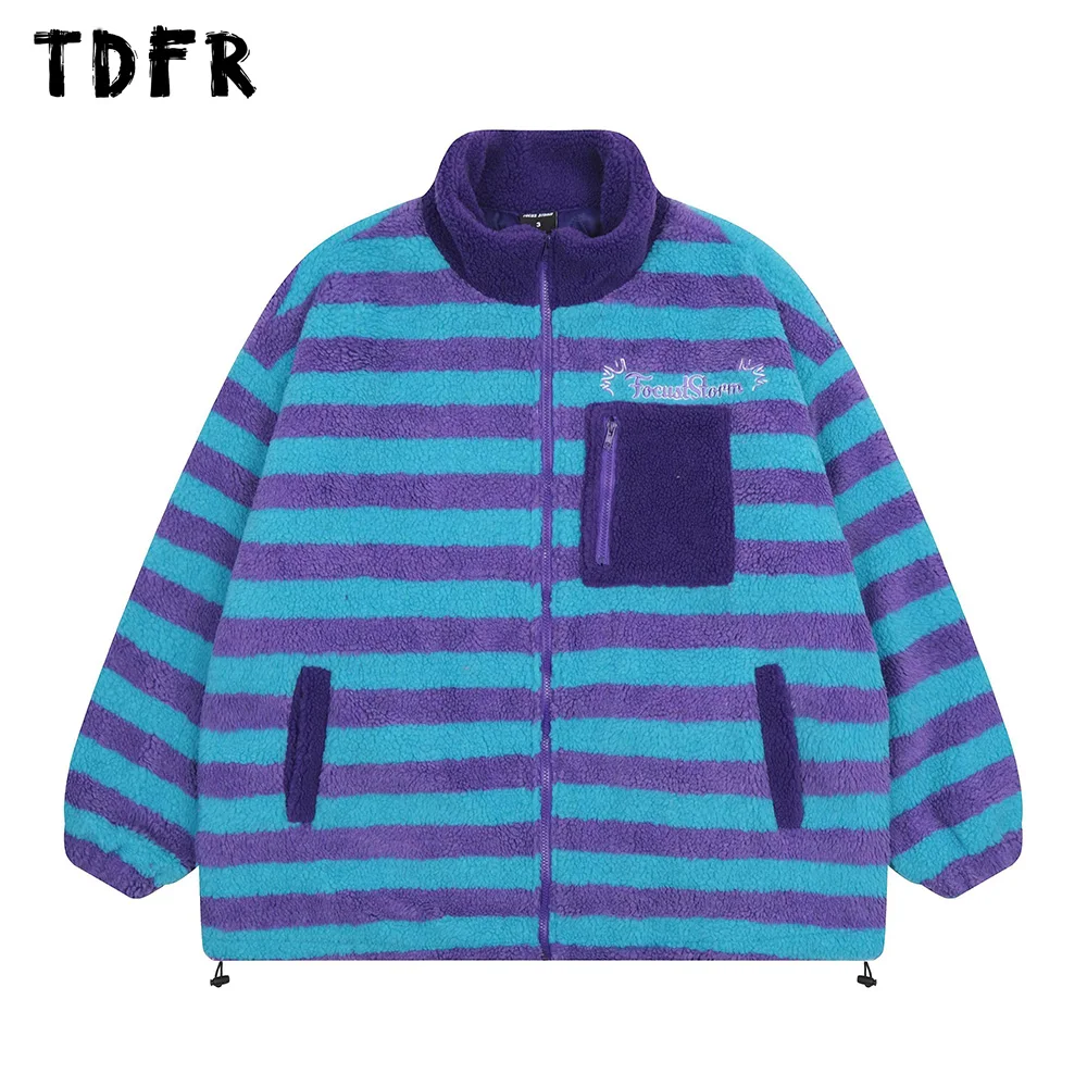 

Letter Print Horizontal Stripes sherpa Jacket Mens Winter Retro Casual Loose Zipper Long Sleeve Outerwear Men