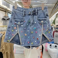 2022 summer new short jeans lady heavy industry color gem rhinestone rivet jean short culottes harajuku slim denim shorts femme