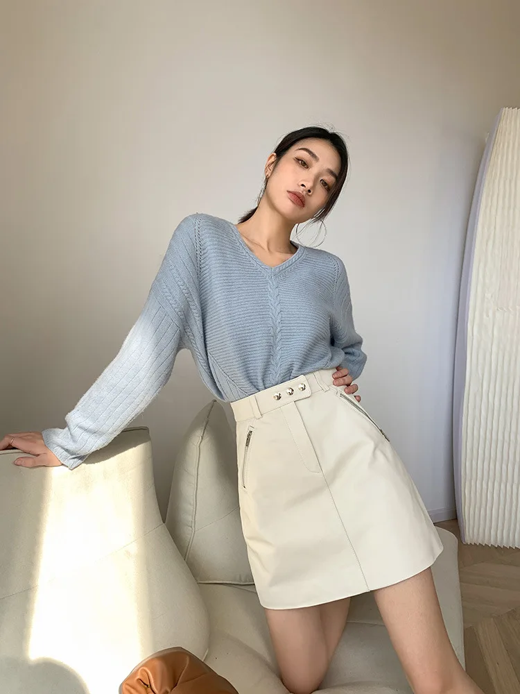 Новинка Весна 2021 черно-белая двухцветная трапециевидная мини-юбка из овечьей