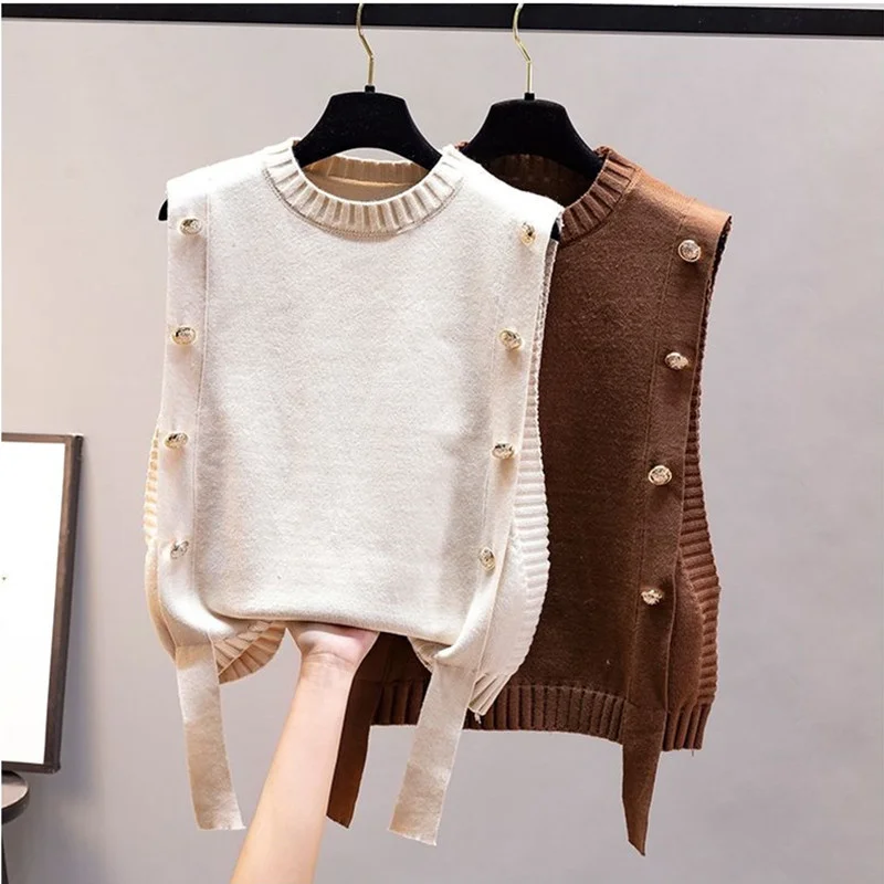 

Spring And Autumn Fashion New V-Neck Knitted Vest Women's Button Loose Sleeveless Top Wool Waistcoat Bottomed Sweater Outerwear