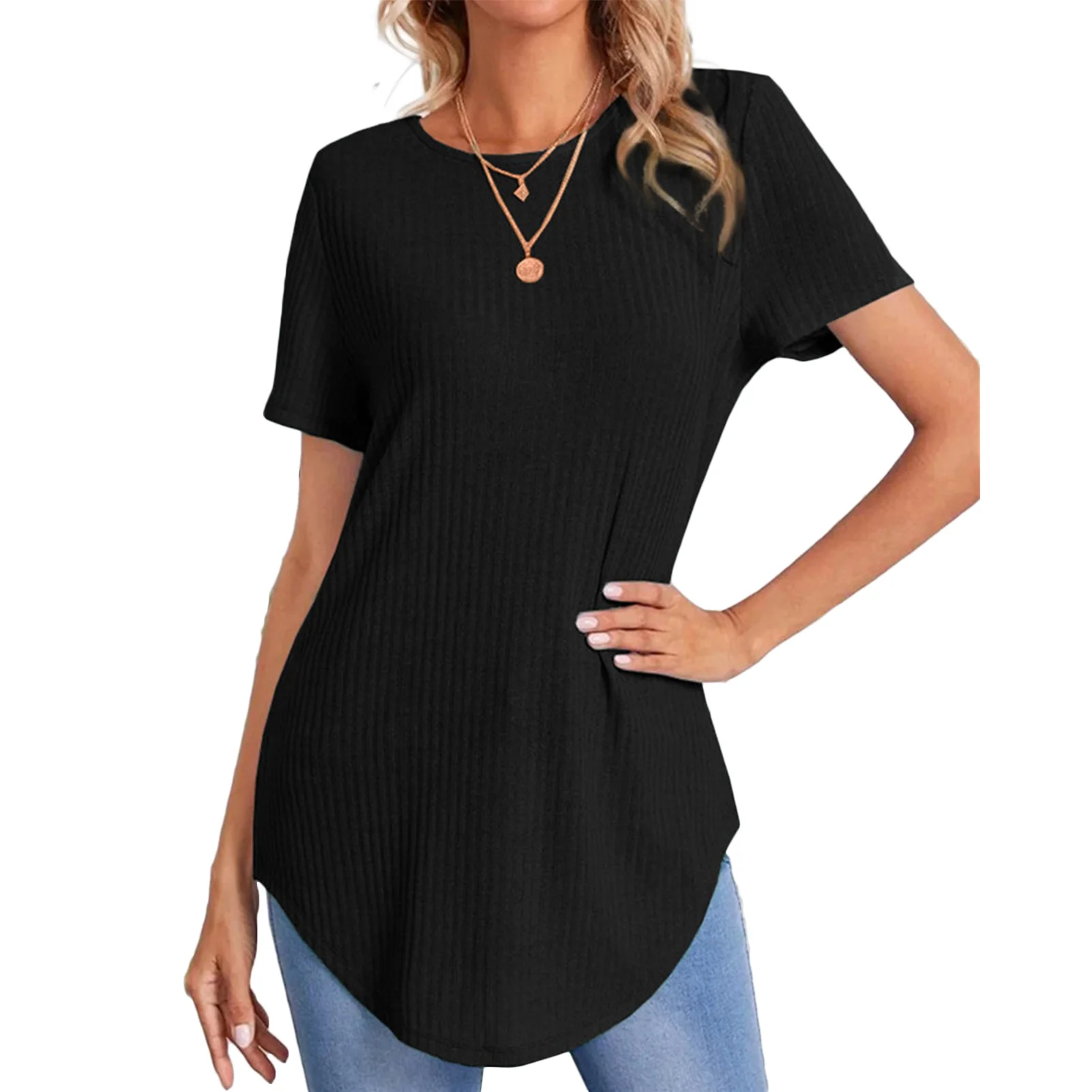

Women Summer Tops Crew Neck Loose Short Sleeve T Shirt Solid Color Fashion Polyester Single Breasted Back for Female Relaxed-Fit
