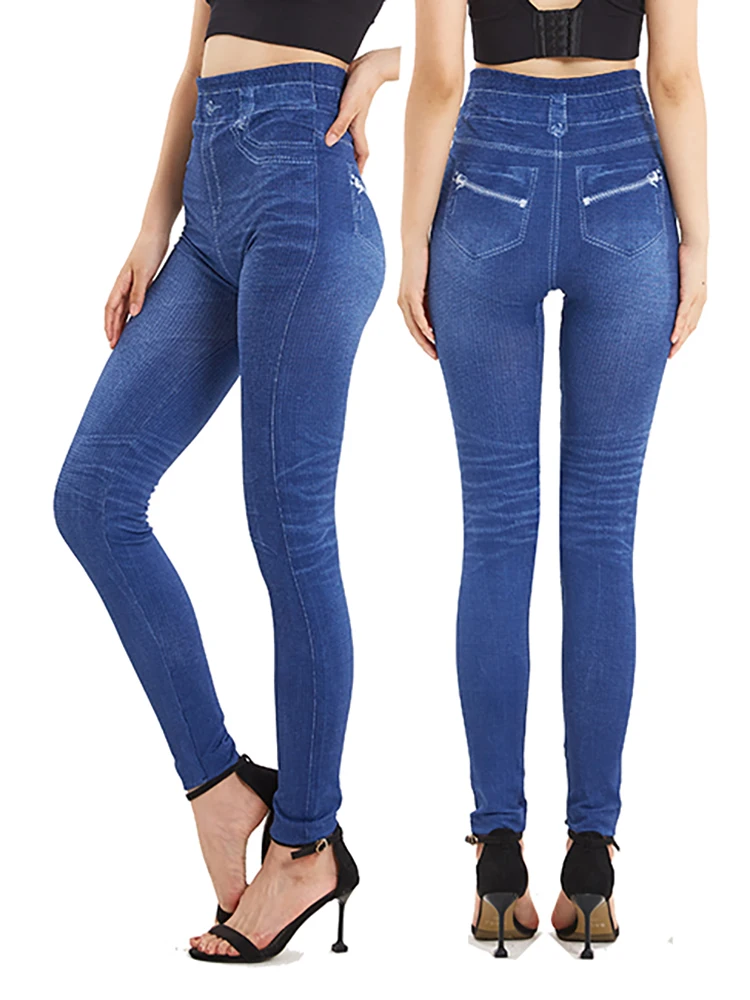 CUHAKCI Stretchy Zipper Print Fake Jeans Women Pants Casual High Waist Leggings Soft Denim Plus Size Trouses Dropshipping