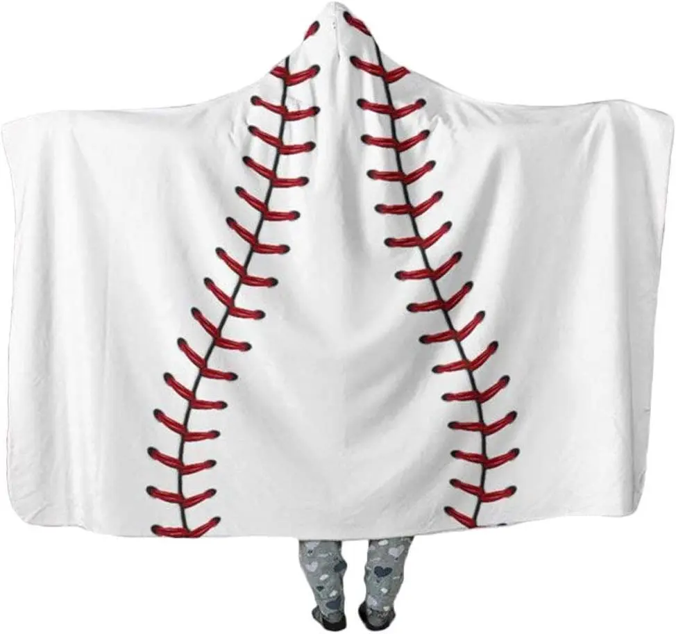Baseball Design Oversized Hooded Blanket Thick Sherpa Shawl Wrap Warm Cloak Cape Hoodie Pashmina for Adults Teens and Kids