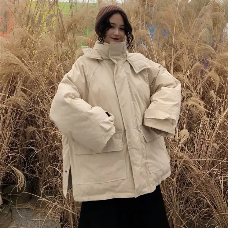 Autumn and Winter New Hong Kong Style Loose Hooded Solid Color Korean Cardigan Top Plus Velvet Thick Thick Warm Cotton Coat