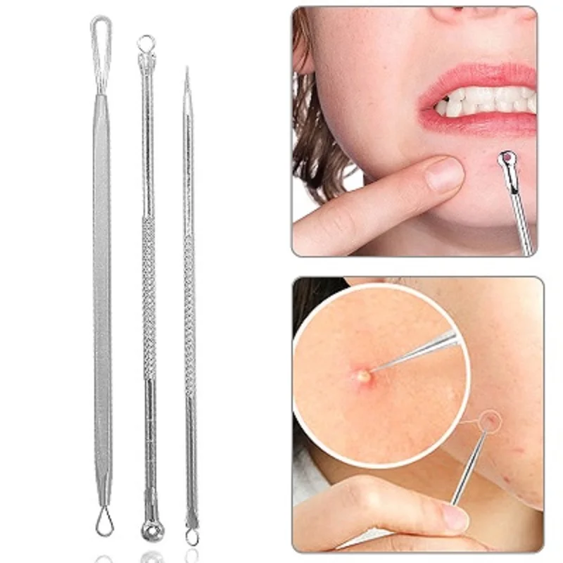 

3Pcs Blackhead Comedone Acne Pimple Blackhead Blemish Remover Tool Spoon for Face Skin Care Needles Tweezers Face Pore Cleaner
