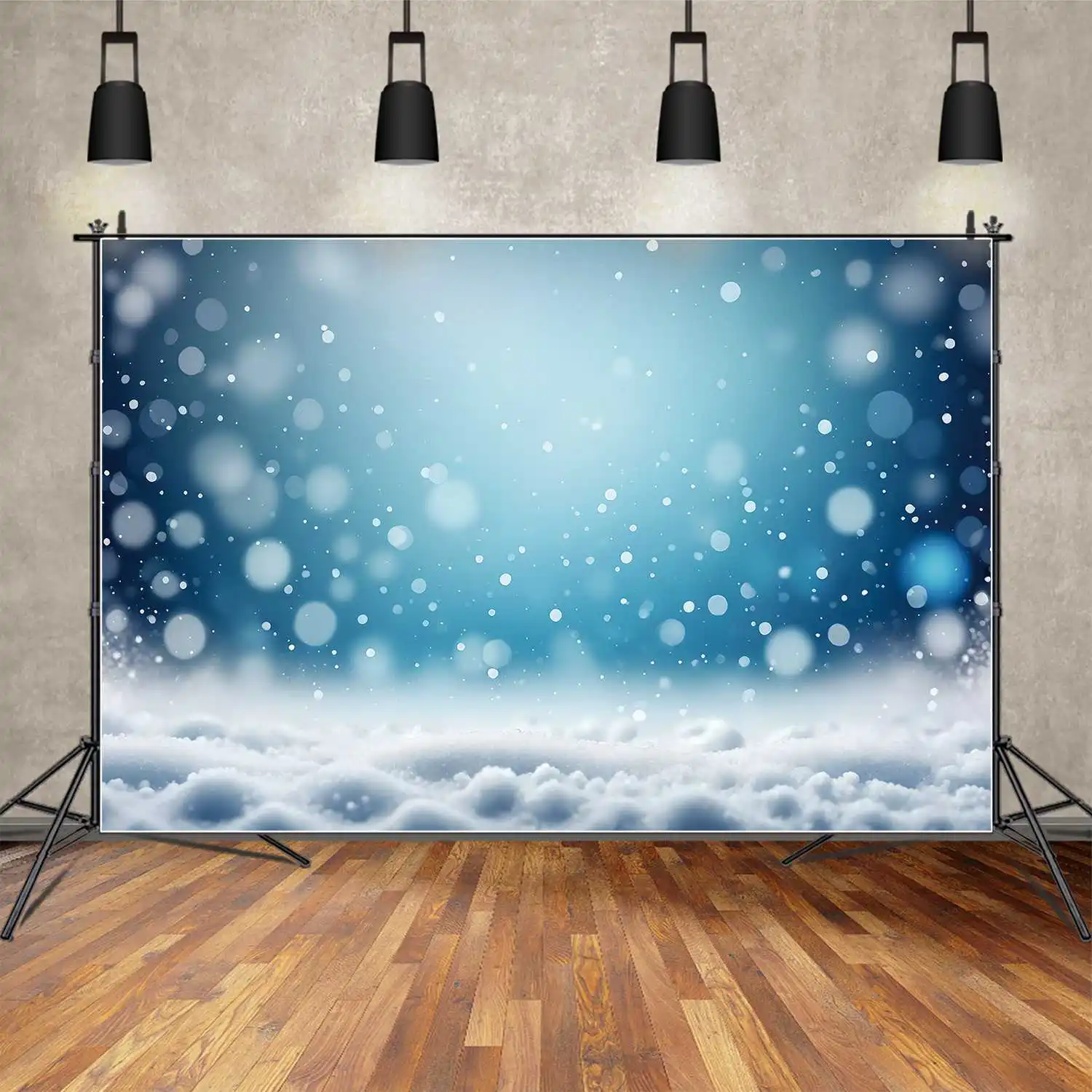 

MOON.QG Backdrop Christmas Party Background Winter Decoration Blue Bokeh Wall Snow Floor Photo Studio Photography Props Supplies