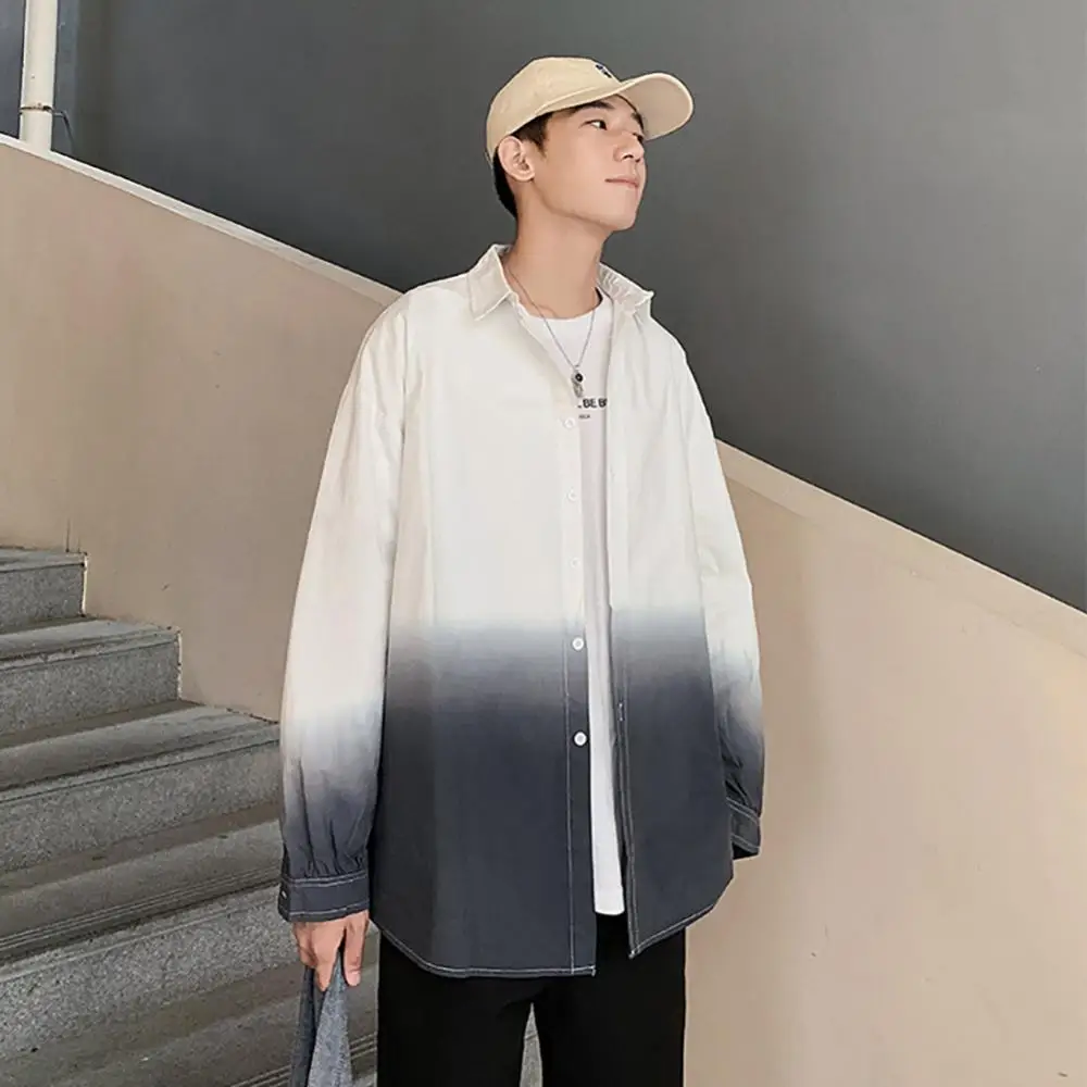 

Long Sleeve Casual Top Men Turn-down Collar Shirt Fashion Color Gradient Long Sleeves Coat