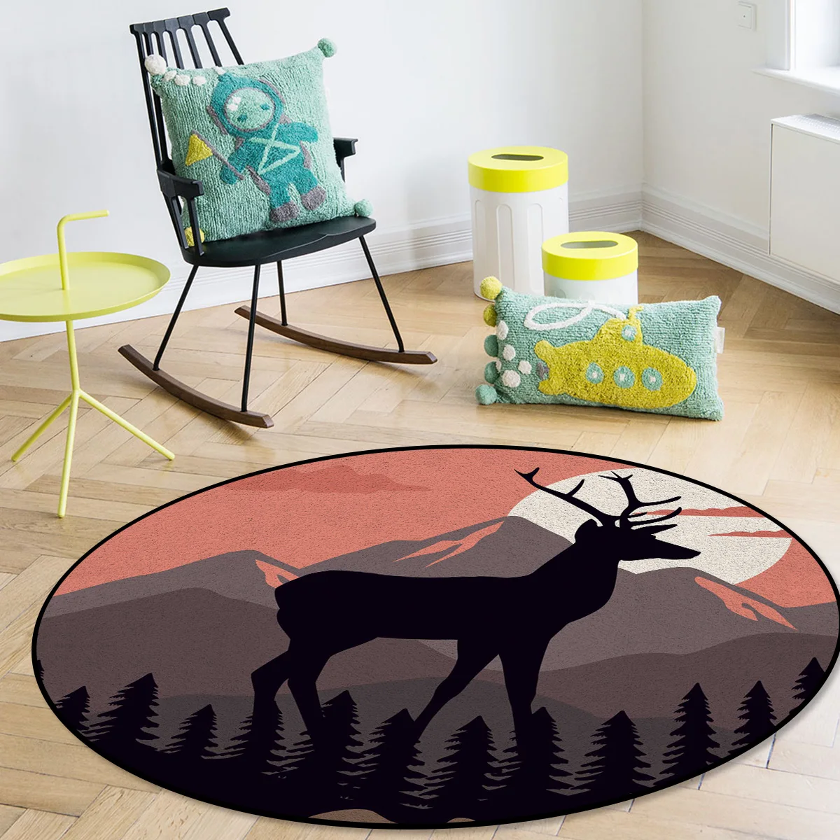 

Deer Silhouette Mountain Sunset Forest Round Carpets for Entrance Home Decoration Carpet for Bedroom Rug In The Living Room