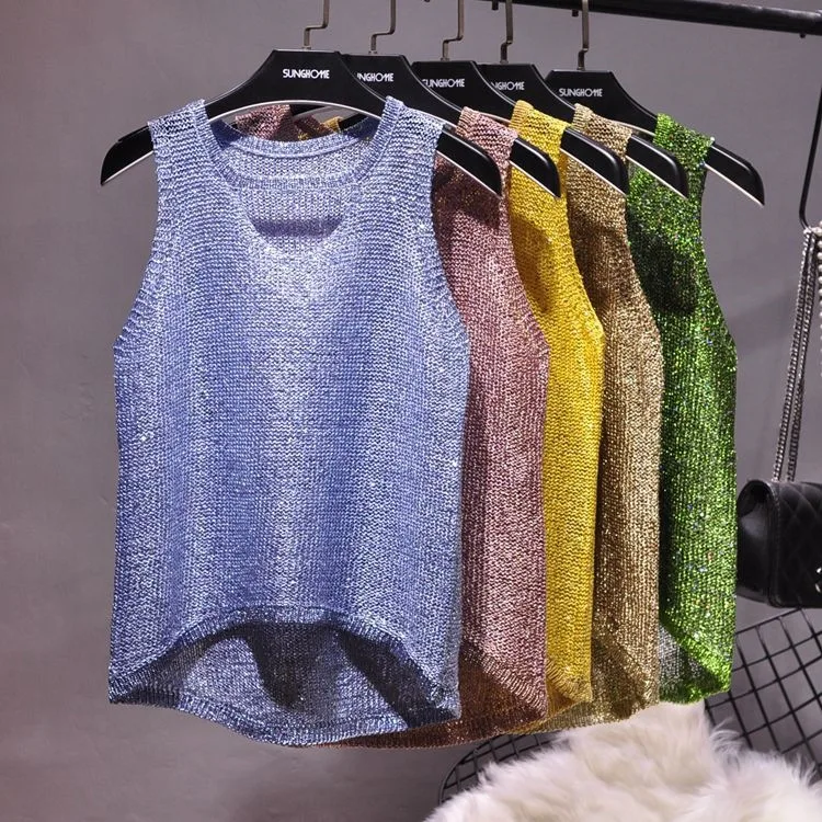 

Summer New Sexy Hollow Transparent Knit Strap Vest Sleeveless Hollow Top T-shirt Women Bright Color Party Beach Short Sleeve2023