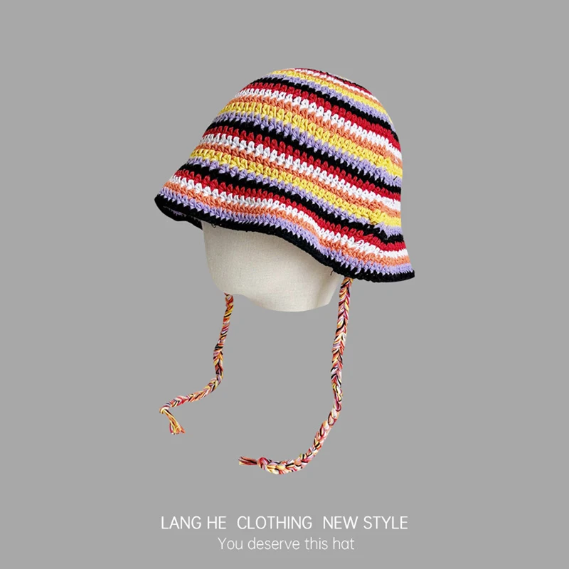 

BeQeuewll Women Retro Knit Hat Kawaii Crochet Striped Tie Up Cap Autumn Winter Hat Streetwear