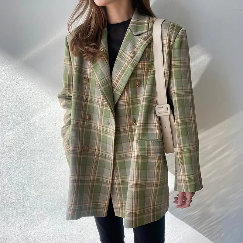 Vintage Loose Women Plaid Blazer 2023 Autumn Chic Double Breasted OL Female Long Sleeve Suit Jackets Blazers Korean Oversized