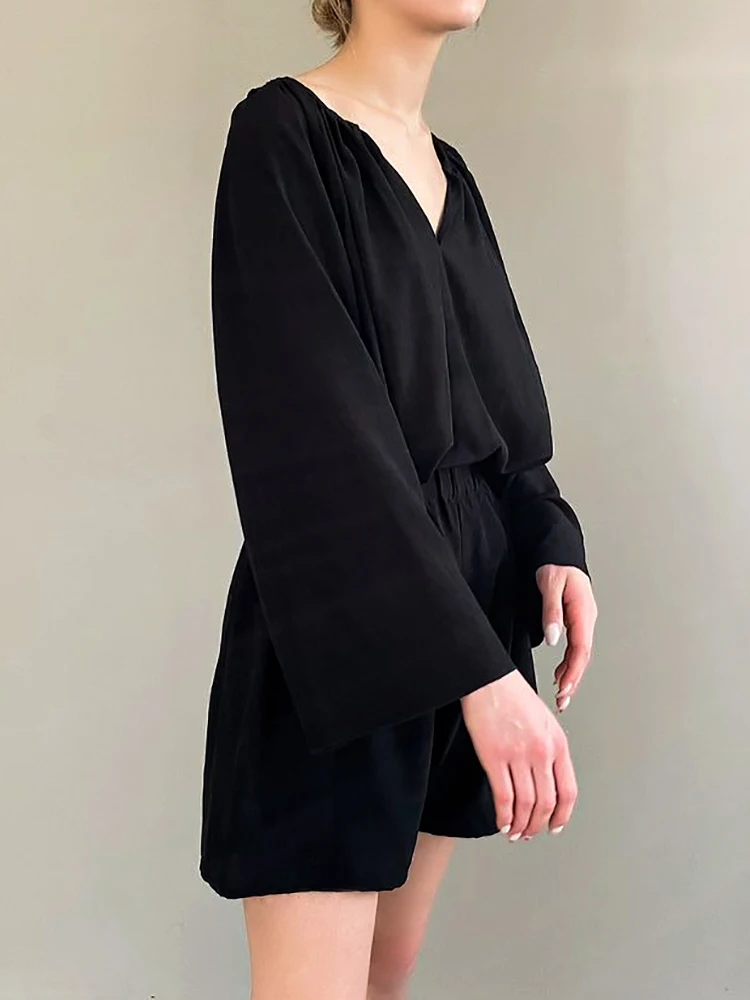 

Летняя Пижама Hiloc с V-образным вырезом для женщин, черная свободная Пижама, Женский хлопковый пижамный комплект с рюшами, Женский однотонный ...