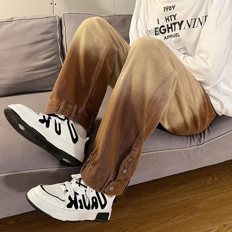 Brown Blue Baggy Jeans Men Fashion Retro Straight Jeans Mens Japanese Streetwear Hip Hop Loose Wide Legs Denim Trousers Men