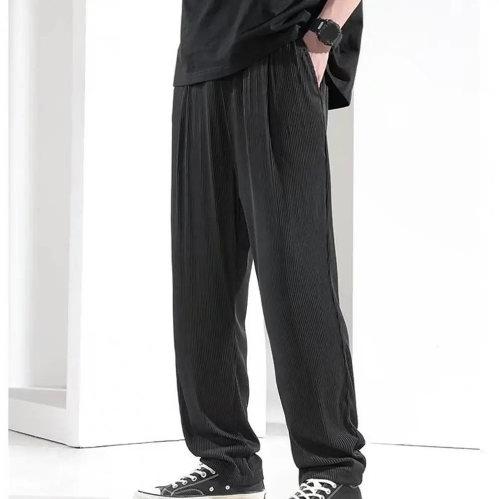 

2022 Ice Silk Men's Pants Stripe Pattern Summer Ultra-thin Wide Leg Drawstring Pockets Sports Pants Straight Trousers Sweatpants
