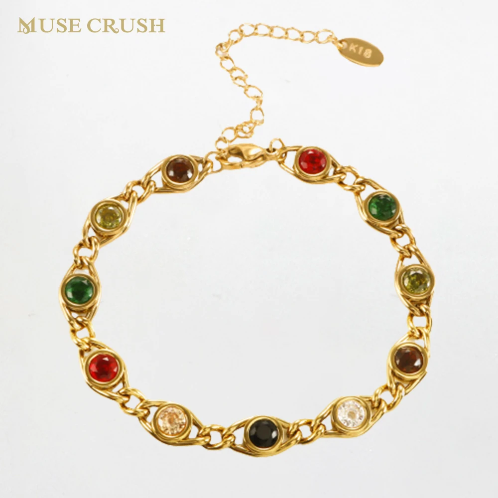 

Y2K Colorful Rhinestone Curb Cuban Chain Stainless Steel Bracelets for Women Wedding Party Jewelry Girlfriend Friends Gift