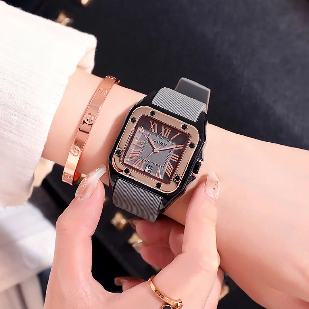 Fashion Guou Brand Women Quartz Watch Roman Numeral Automatic Date Dial Luxury Premium Multicolor Silicone Strap Lady Gift Clock enlarge