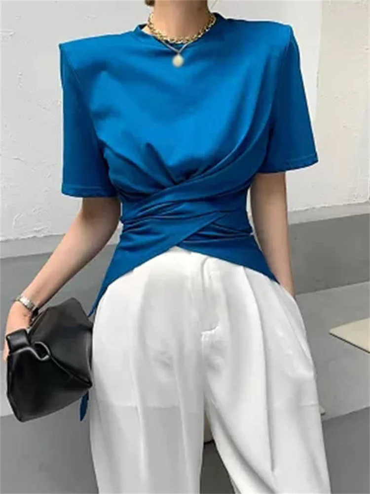

Casual Ruched Irregular T Shirt For Women O Neck Short Sleeve Solid T Shirts Females Summer Fashion 2022 Stylish Women's T-shirt