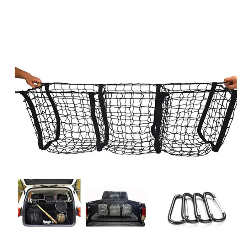 

Universal Car Rear Mesh Trunk Three Pockets Seat Elastic String Net Storage Bag Pocket Cage for Cars, SUV, RV, Bus Seat Back Bag