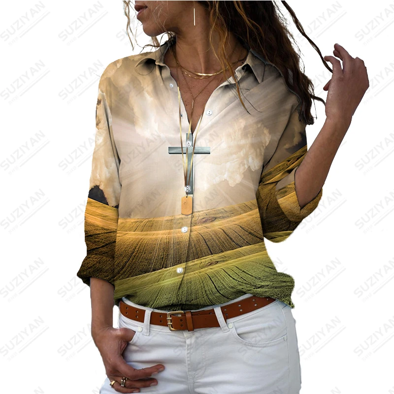

Summer Ladies Long Sleeve Shirt Cross 3D Printing Shirt Fashion Comfortable Shirt Commuter Vacation Long Sleeve Shirt