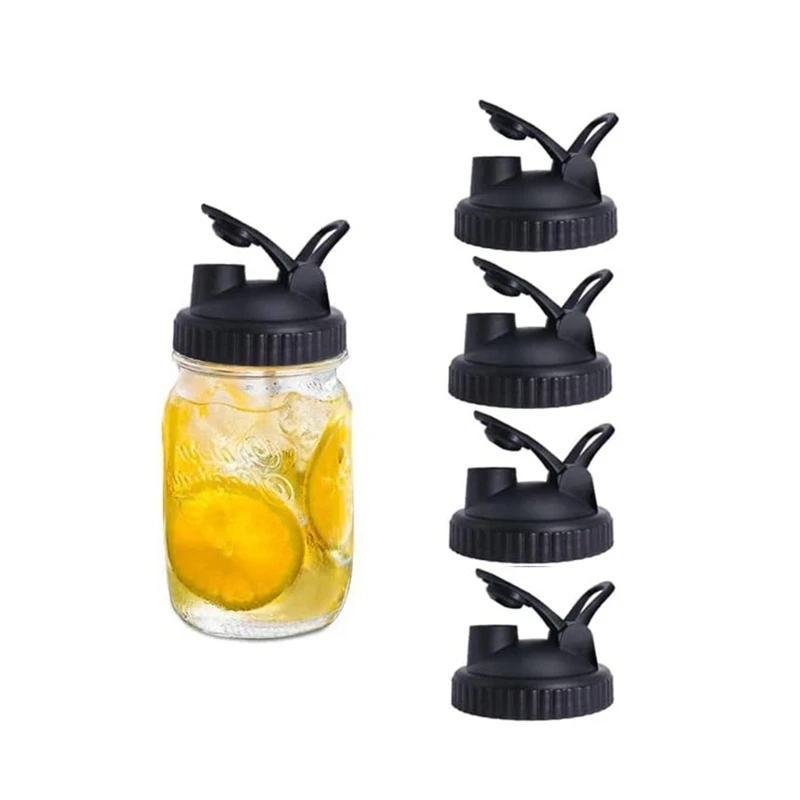 

5 Pack Mason Jar Flip Cap Lid, Durable, Airtight, Leak-Proof Seal, Easy Pour Spout - Wide Mouth, Black