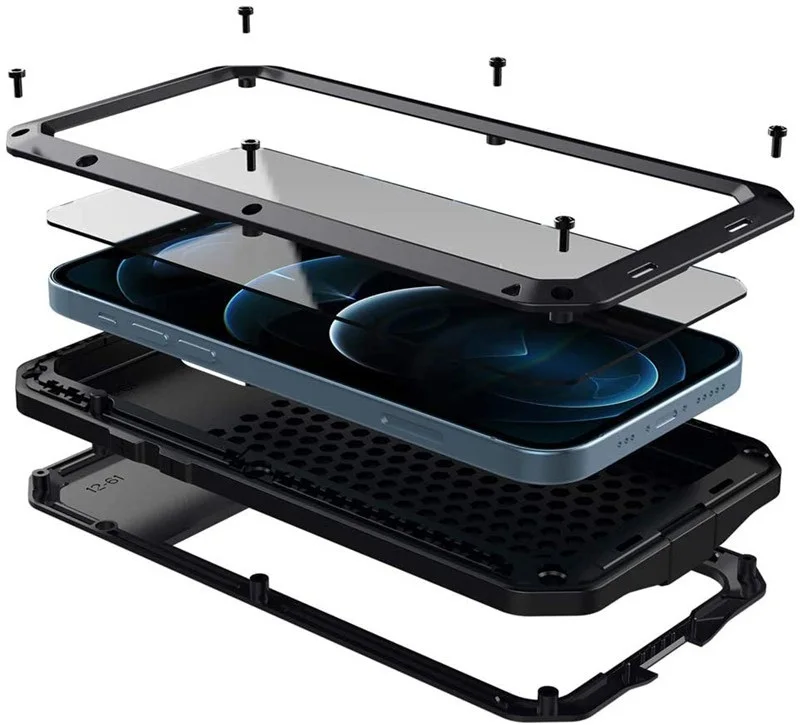 

Новый чехол для IPhone 12 Pro Max, 360 полноразмерный защитный чехол, сверхпрочный противоударный [жесткий армированный] металлический чехол из алюм...