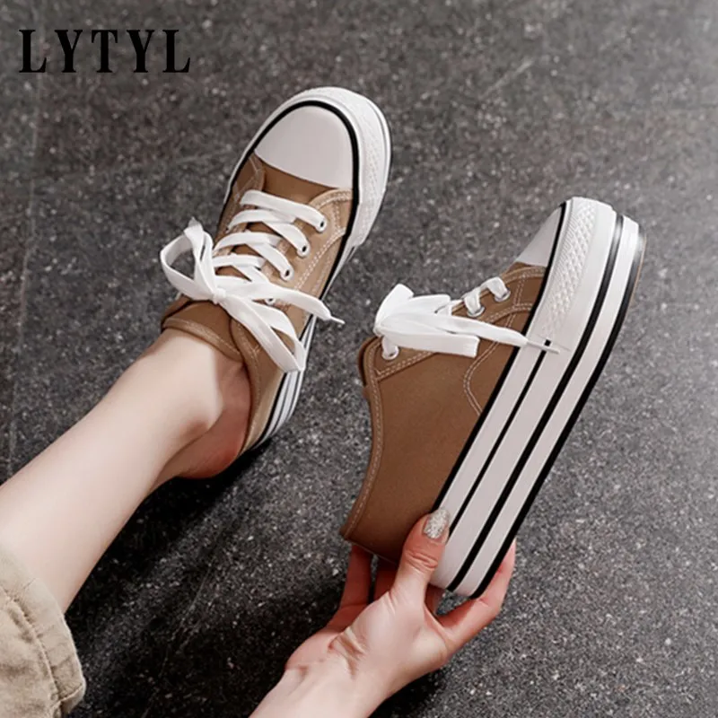 

Summer New Women Loafers 6.0cm Girl Elevator Canvas Shoes Slipper Slip-on Thick Bottomed Leisure Cloth Shoes White slipper B1-24