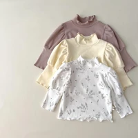 2022 autumn new girl baby flower print puff sleeves t shirt 0 2 years boy toddler pure color bottoming shirt newborn cotton tees