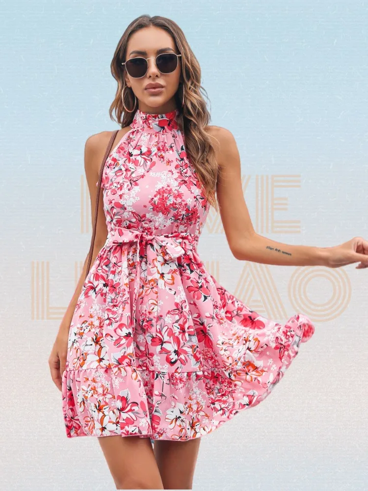 

Платье-мини женское шифоновое с поясом, воланом и воротником-стойкой, на пуговицах