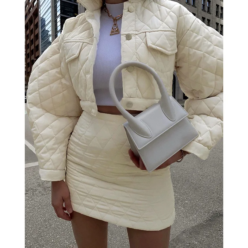 

Breasted Lapel Long Sleeve Sandwich Cotton Jacket Top Women's Diamond Grid Home Leisure Solid Color Skirt